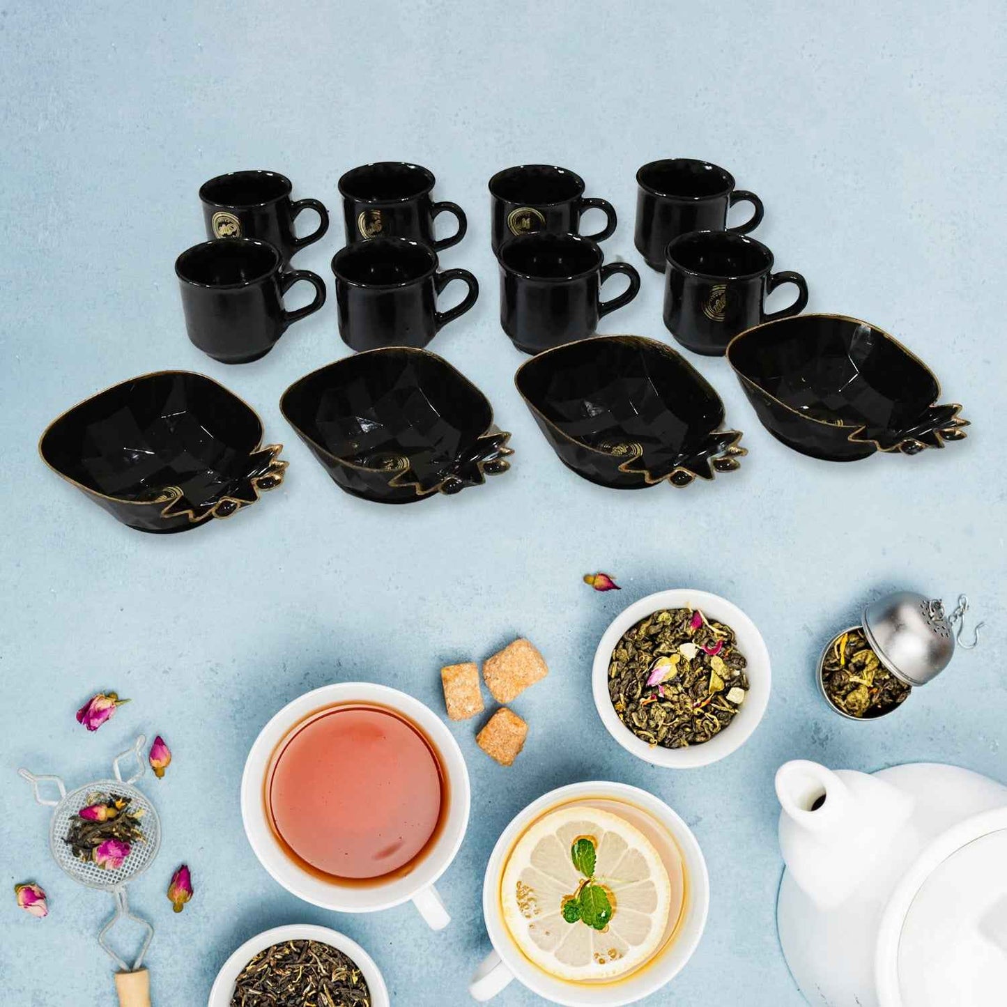 Pine Junction Ceramic Tea  Cups  Mug Set With Pineapple Shape Serving Bowl  (12 Pcs Set)