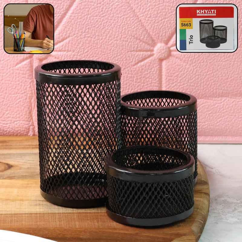 Khyati Trio Metal Mesh Pen Stand  3-in-1 Round Desk Organizer Set