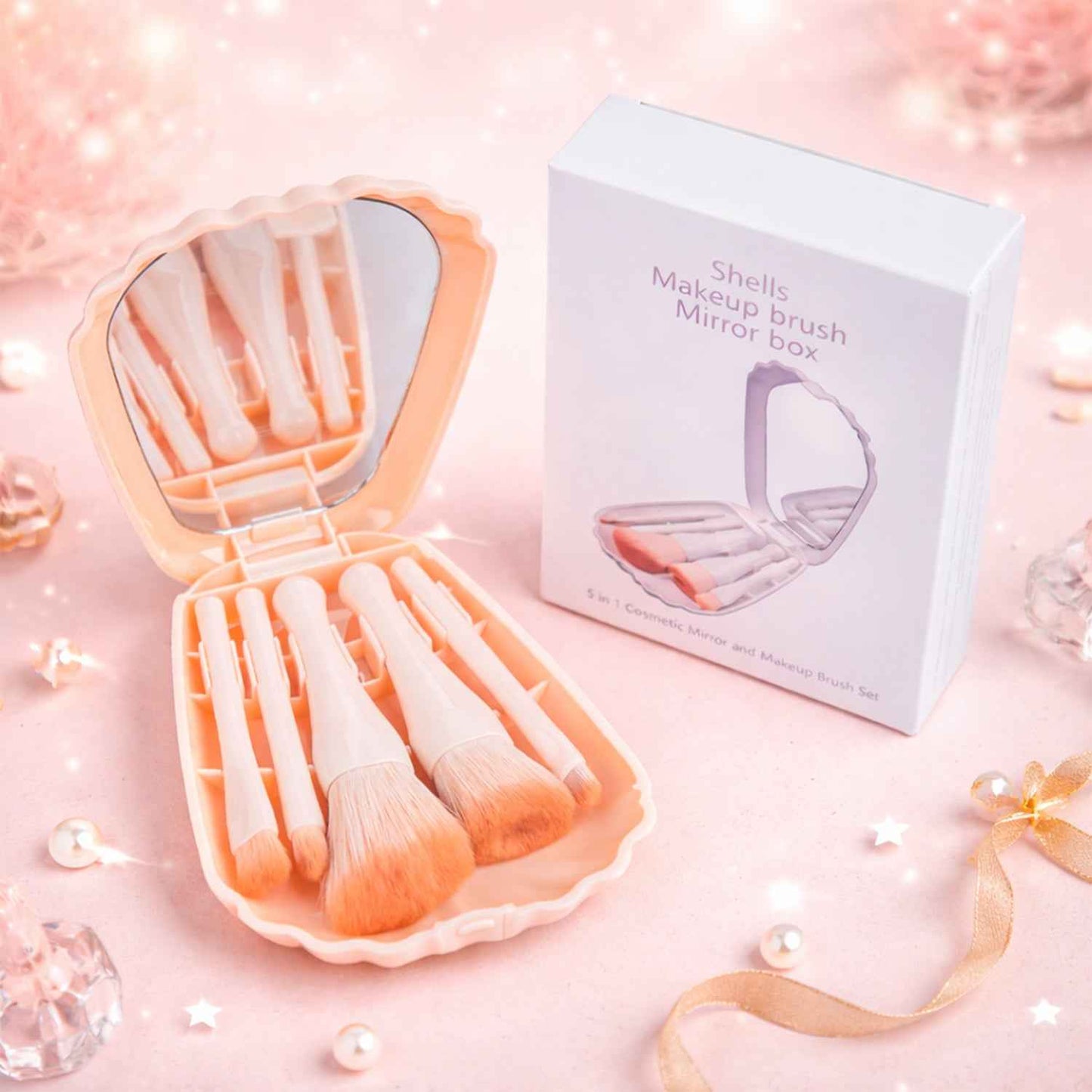 5 In 1 Makeup Brush Set With Mirror Box  Compact Cosmetic Kit