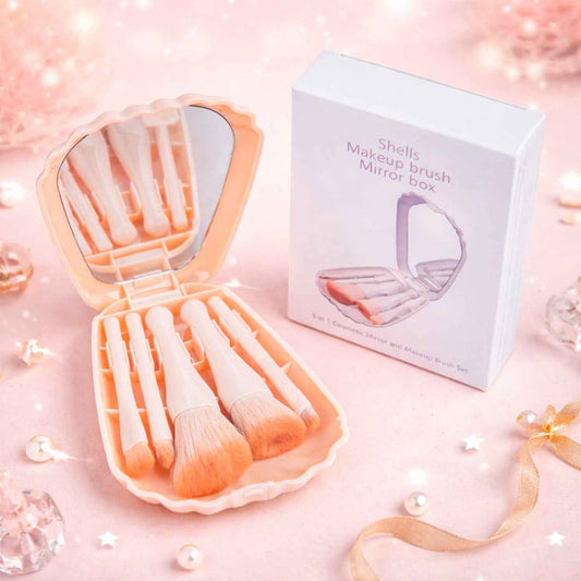 5 In 1 Makeup Brush Set With Mirror Box  Compact Cosmetic Kit