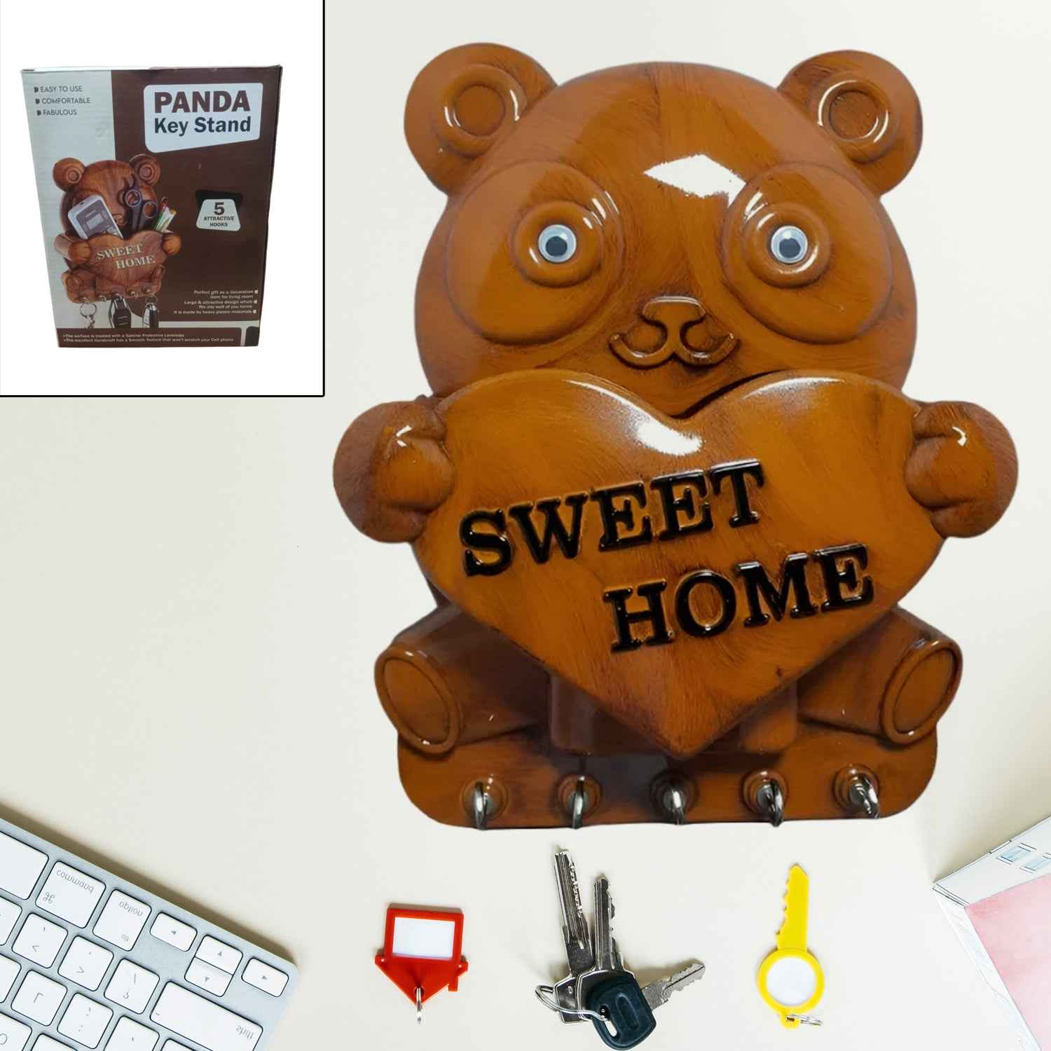 Cute Plastic Panda Key Holder Wall Key Rack With 5 Hooks (1 Pc)