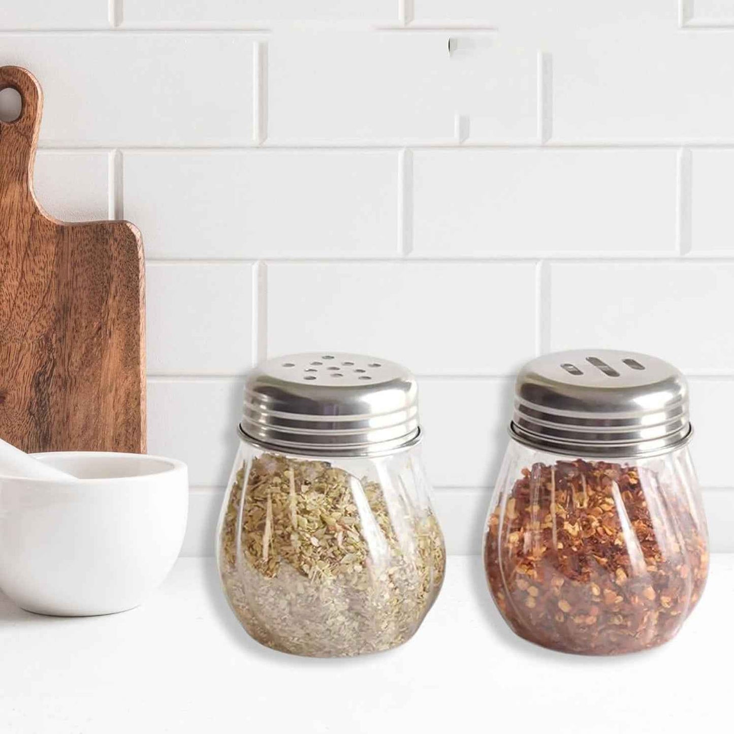 Apex Oregano  Chilli Flakes Dispenser Set  2 Pcs Glass Spice Shaker With Stainless Steel Lid