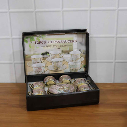Premium Floral Porcelain Tea Cup And Saucer Set (12 Pc Set)