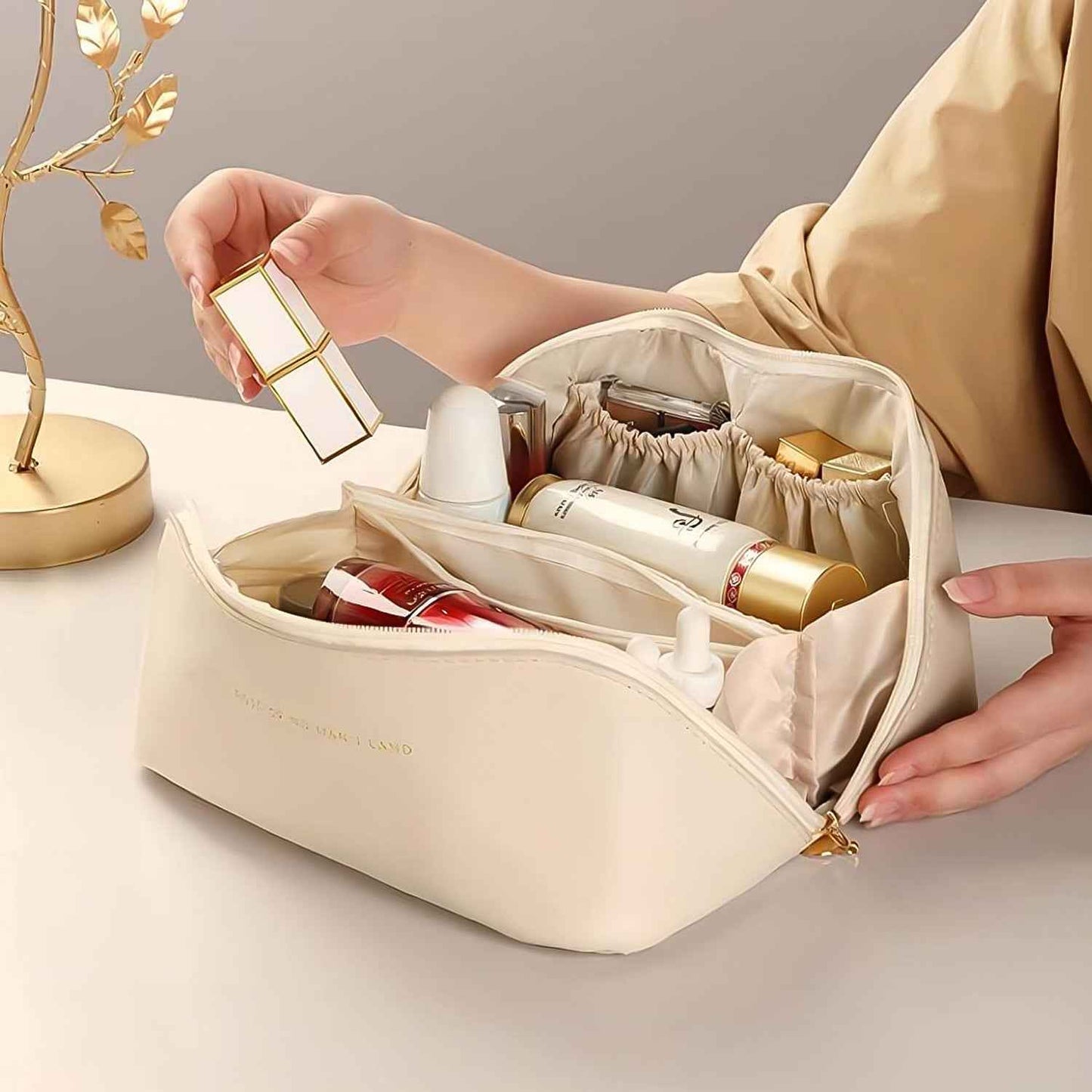 Premium Cream Travel Makeup  Toiletry Organizer Pouch With Zipper  Handle (1 Pc)