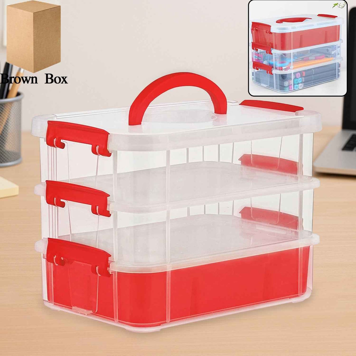 3-layer Multi-purpose Transparent Plastic Storage Carry Box With Handle
