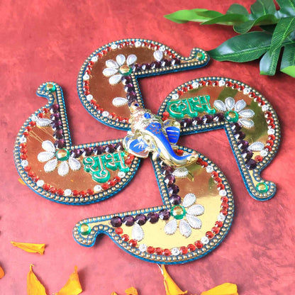 Golden Swastik Shubh Labh Wall Hanging With Ganesh Idol (1 Pc)