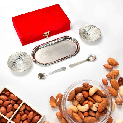 2947a Silver Plated 2 Bowl 2 Spoon Tray Set Brass With Red Velvet Gift Box Serving Dry Fruits Desserts Gift