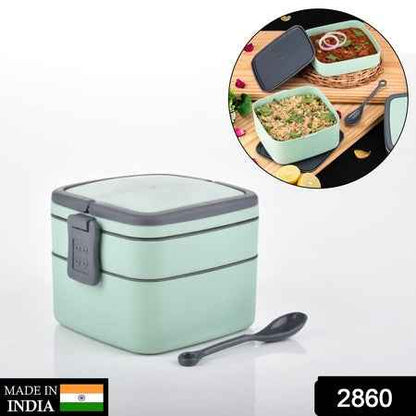 Green Double Layer Portable Lunch Box Stackable With Carrying Handle And Spoon Lunch Box - BeSh Deals®