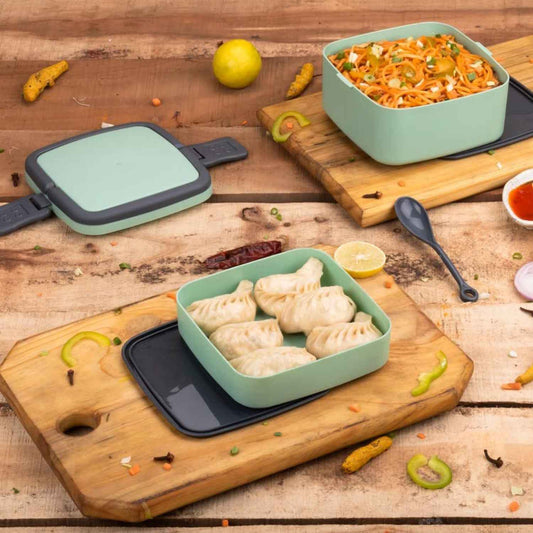 Green Double Layer Portable Lunch Box Stackable With Carrying Handle And Spoon Lunch Box - BeSh Deals®