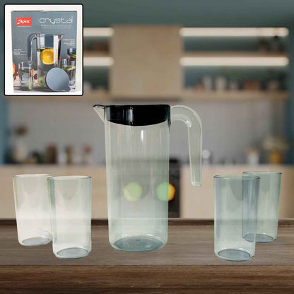 Apex Crystal Premium Jug With Lid  4 Pcs Glass (1500 Ml  300 Ml Approx  5 Pcs Set)