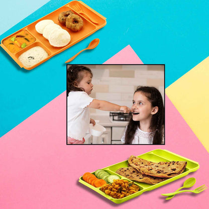 2037 4compartment Dish With Spoon And Fork(1 Dish Set With 1spoon And 1fork) Dinner Plate Plastic Compartment Plate Pav Bhaji Plate 4-compartments Divided Plastic Food Plate.