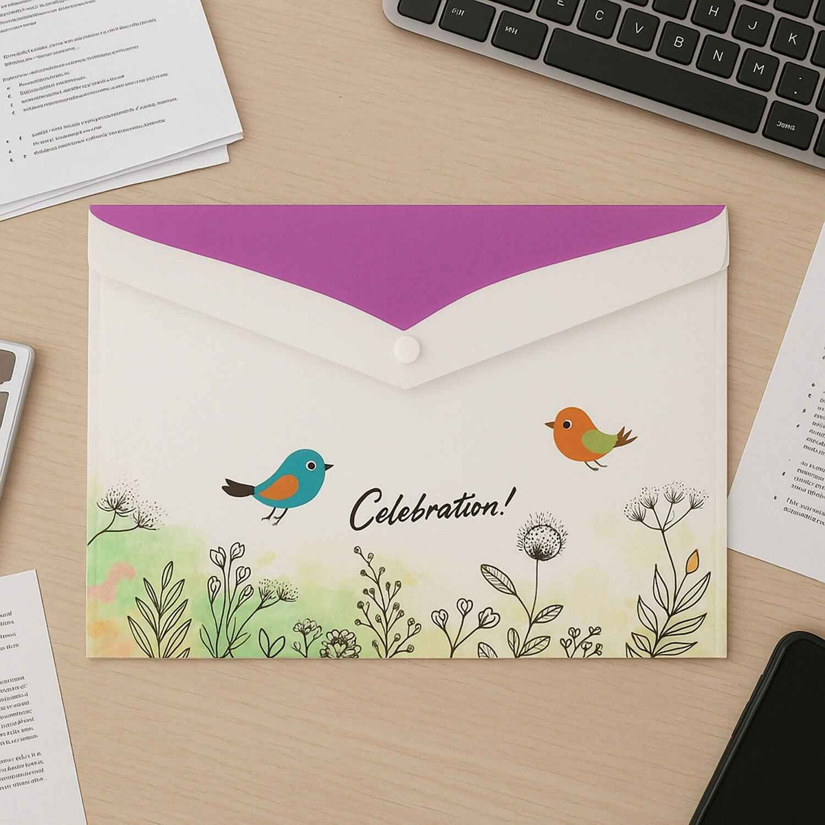 Mix Design A4 Printed Document Folder With Decorative Button Closure (1 Pc)