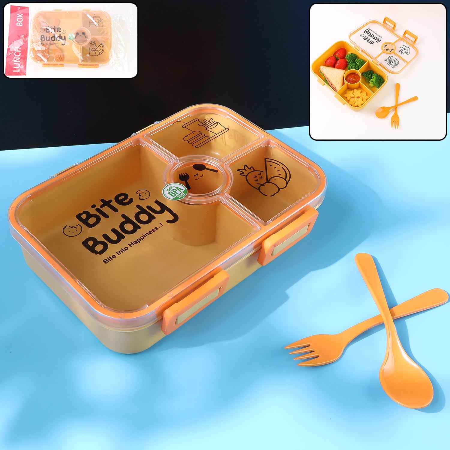 Bite Buddy 4 Compartment Leak Resistant Plastic Lunch Box With Spoon Fork - BeSh Deals®