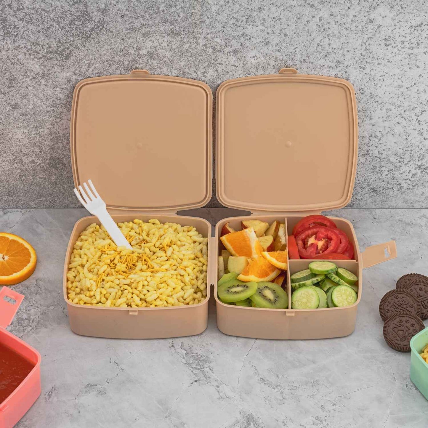 5787 Double-layer Square Lunch Box With  Spoon  4 Compartment Tiffin  Push Lock  Plastic Tiffin Box For Travelling School Kids  Office Exclusive Home