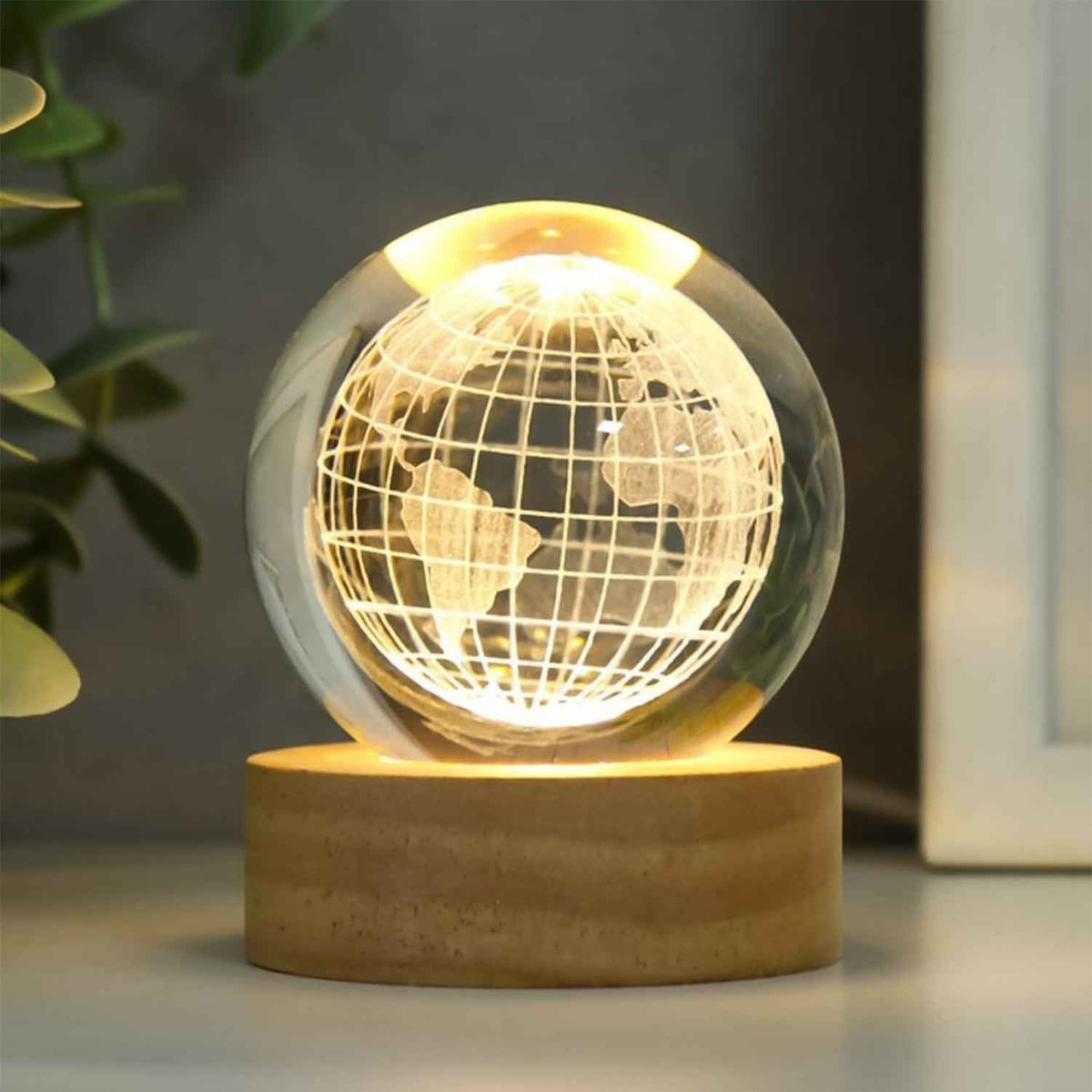 World 3d Crystal Ball Lamps With Wood Base (1 Pc)