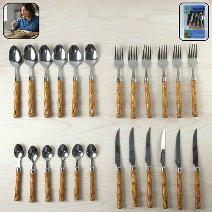 Stainless Steel Cutlery Set With Wooden Finish Handle (24 Pc Set)