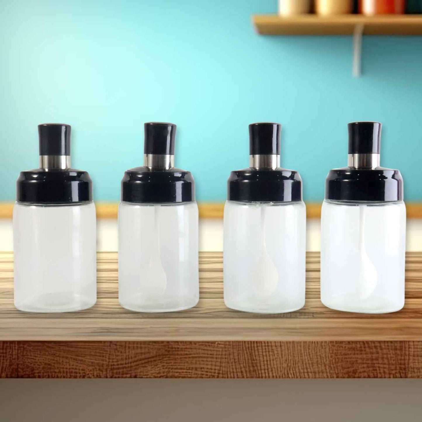 Transparent Spice Jar Set With Spoon  Airtight Lid (4 Pc)
