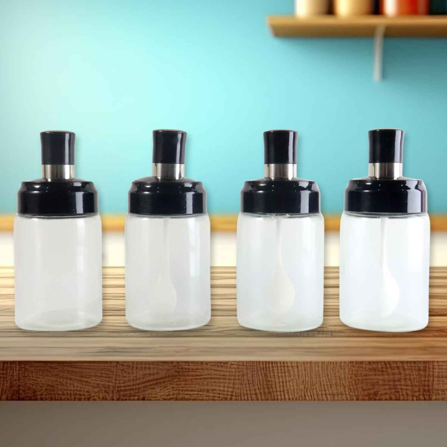 Transparent Spice Jar Set With Spoon  Airtight Lid (4 Pc)