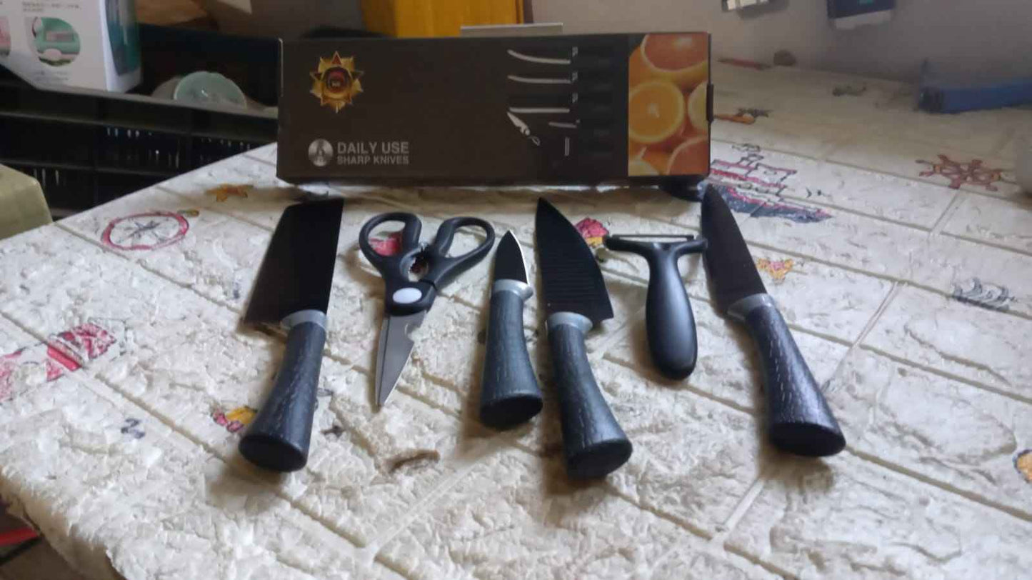 5629 6 Pieces Professional Kitchen Knife Set Meat Knife Chefs Knife With Non-slip Handle For Home Kitchen And Restaurant With Chef Peeler And Scissor (Stainless Steel  6 Pcs Set)