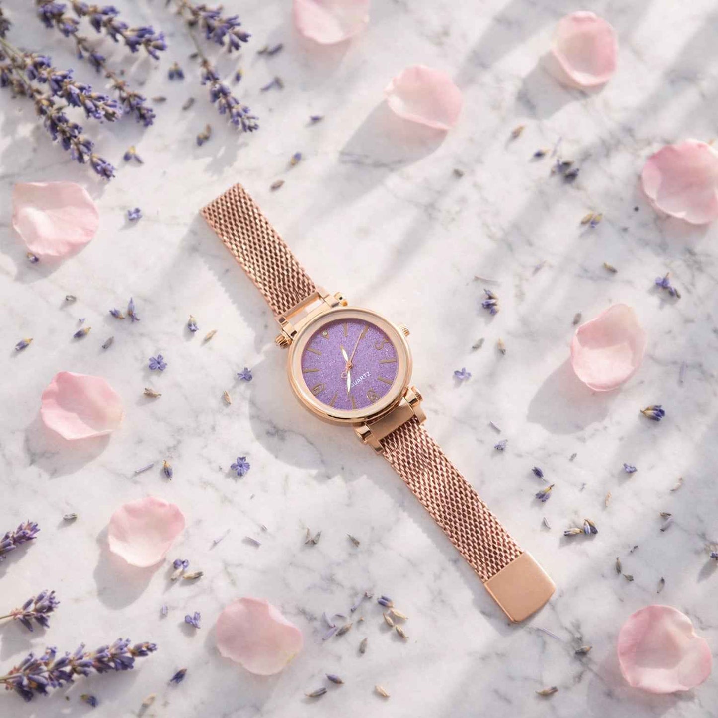 Elegant Rose Gold Mesh Strap Analog Wrist Watch For Women (1 Pc)