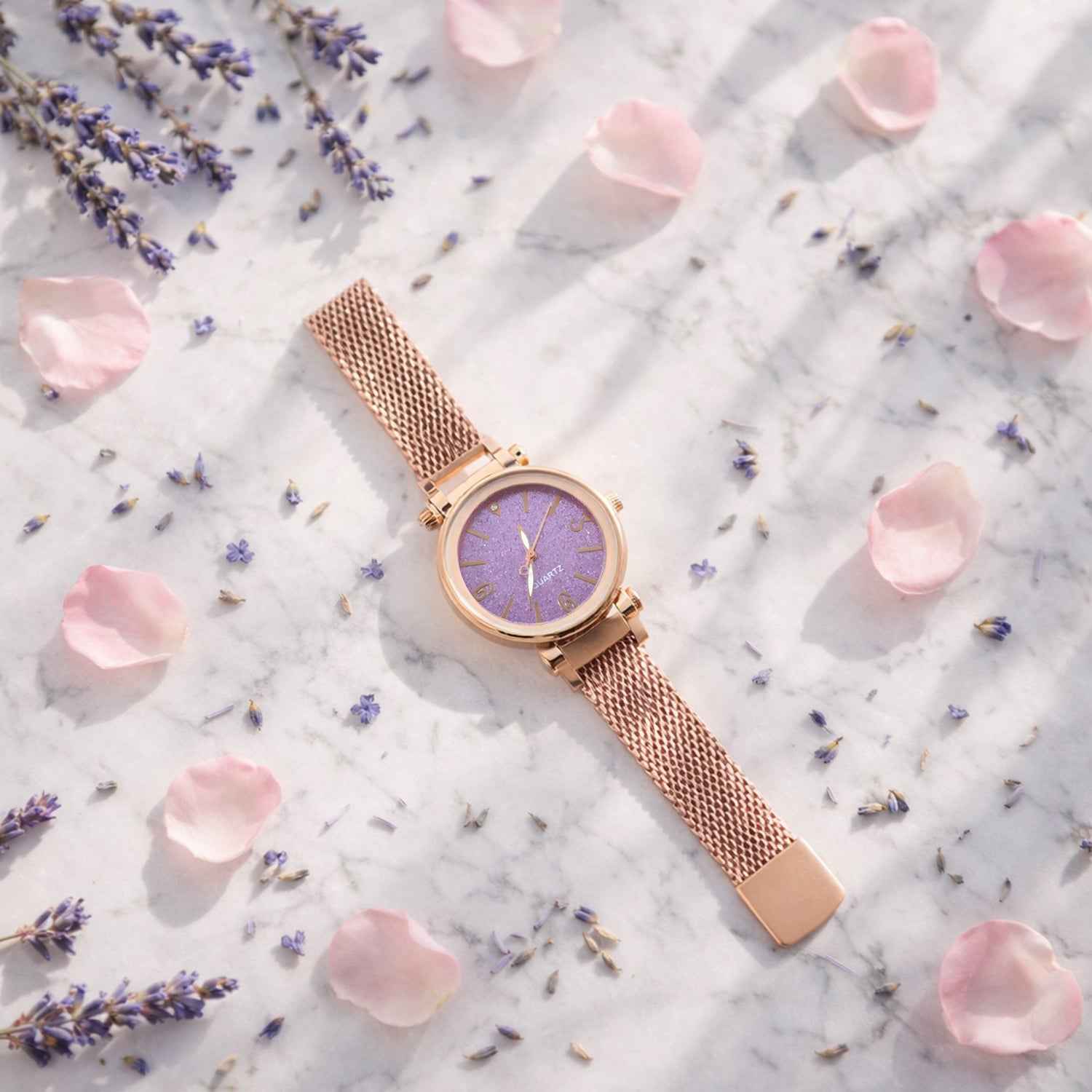 Elegant Rose Gold Mesh Strap Analog Wrist Watch For Women (1 Pc)