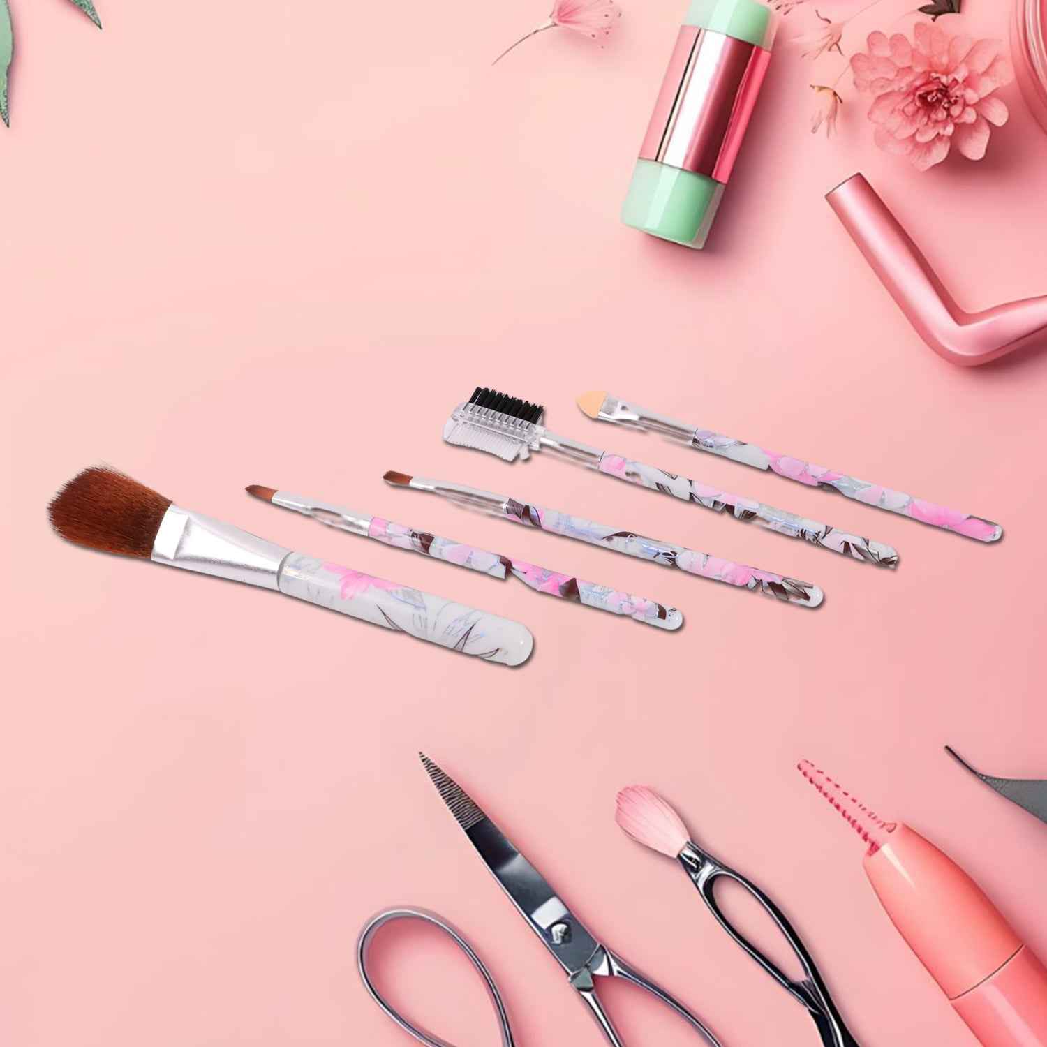 Floral Makeup Brush Set For Eyes Lips And Face (5 Pc)