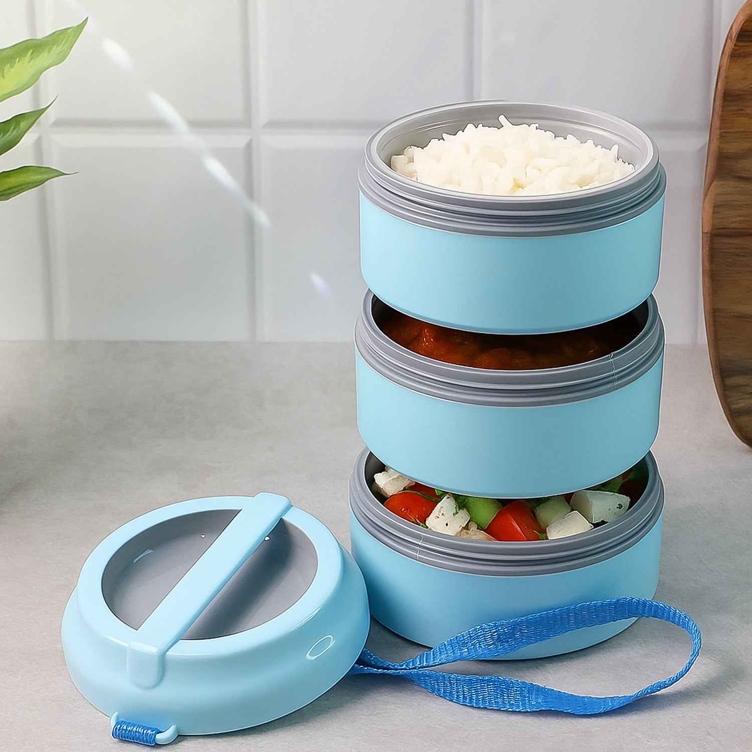 3 Layer Insulated Lunch Box Set With Handle  Strap - (Set)