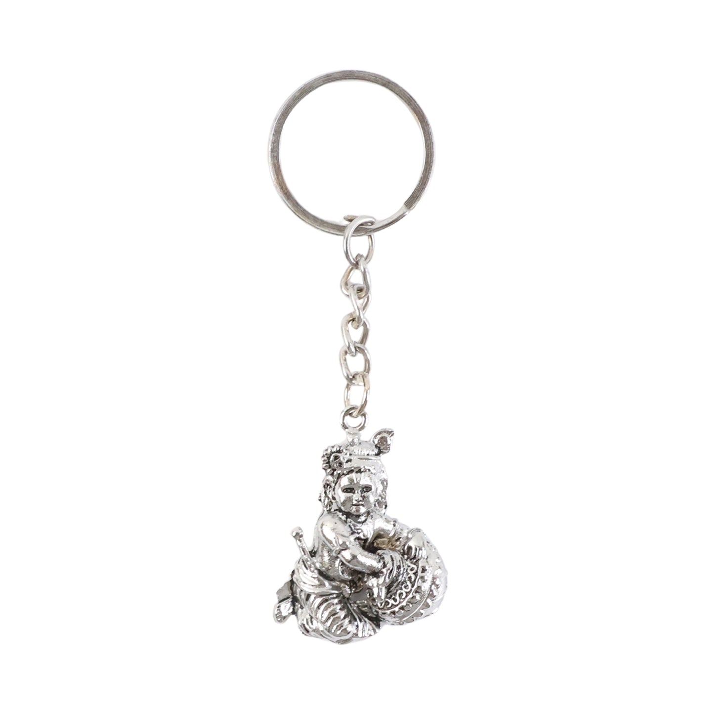 Premium Silver-finish Metal Bal Krishna Eating Makhan Keychain (1 Pc)