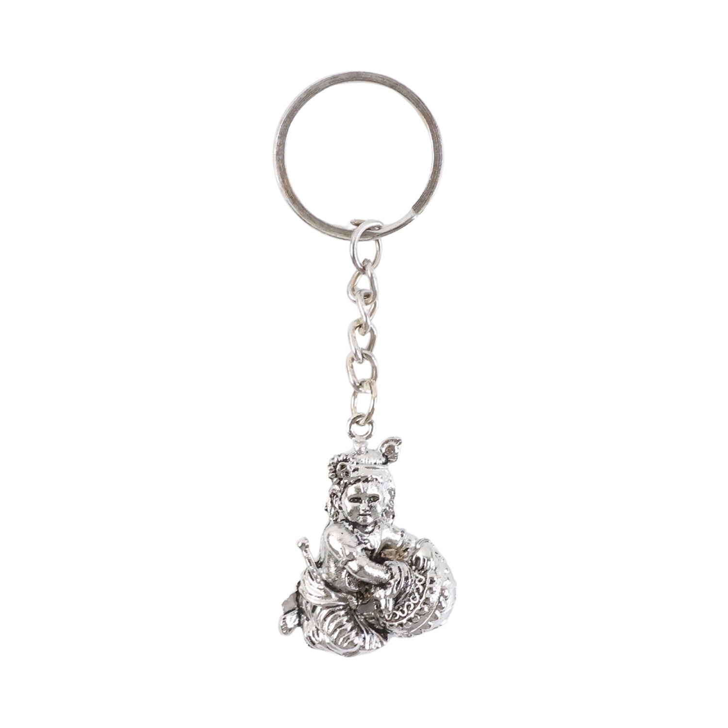 Premium Silver-finish Metal Bal Krishna Eating Makhan Keychain (1 Pc)