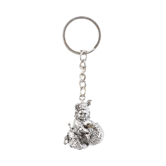 Premium Silver-finish Metal Bal Krishna Eating Makhan Keychain (1 Pc)