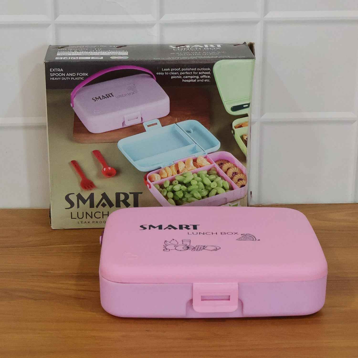 Smart Leak Proof Lunch Box With 3 Compartments And Spoon Set (1 Set)