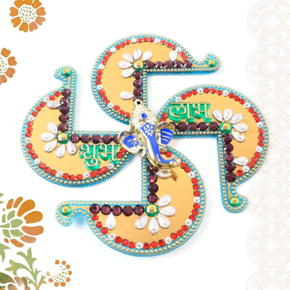 Golden Swastik Shubh Labh Wall Hanging With Ganesh Idol (1 Pc)