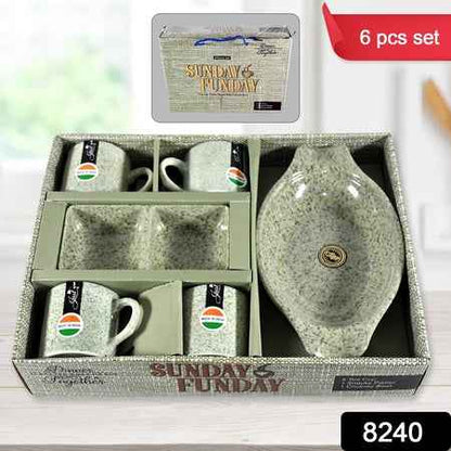 8240 Sunday Funday Ceramic Tea  Cups  Mug With Plastic Snacks Platter And 2 Compartment Chutney Bowl Milk Cup Coffee Cup Breakfast Cup Drinking Mug Or Outdoor For Household Gift For Birthday Wedding Party (6 Pcs Set)