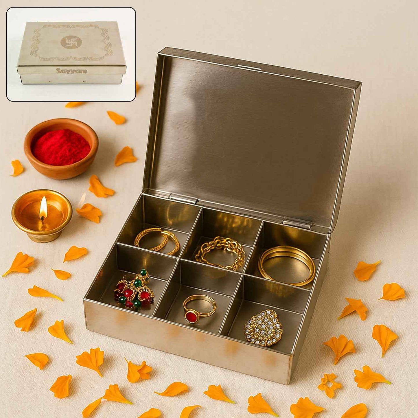 Multipurpose Premium Stainless Steel Jewelry Storage Organizer Box With 6 Compartments (1 Pc)