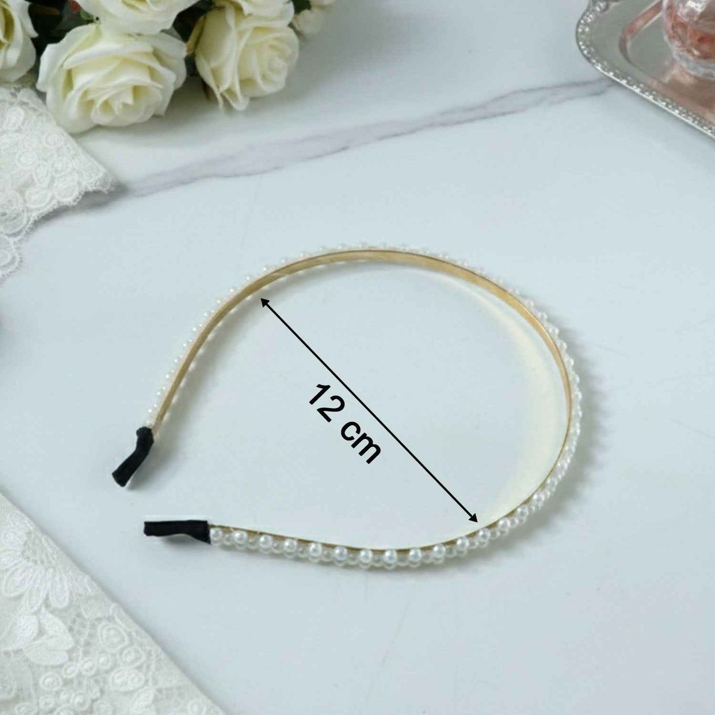 Elegant Pearl Beaded Slim Golden Metal Hair Band (1 Pc)