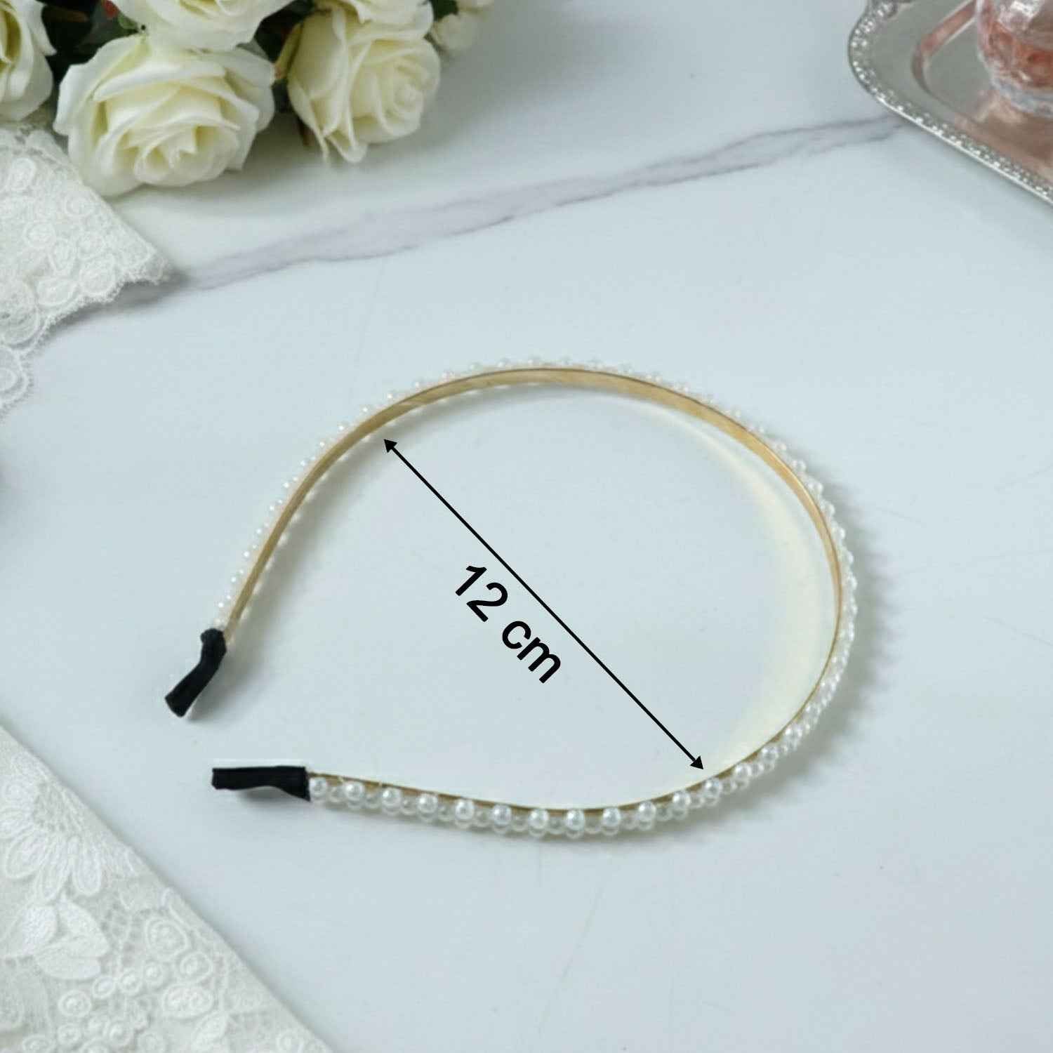 Elegant Pearl Beaded Slim Golden Metal Hair Band (1 Pc)