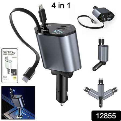 4-in-1 Super Fast Car Charger With Dual Built-in Cables Dual Usb Ports