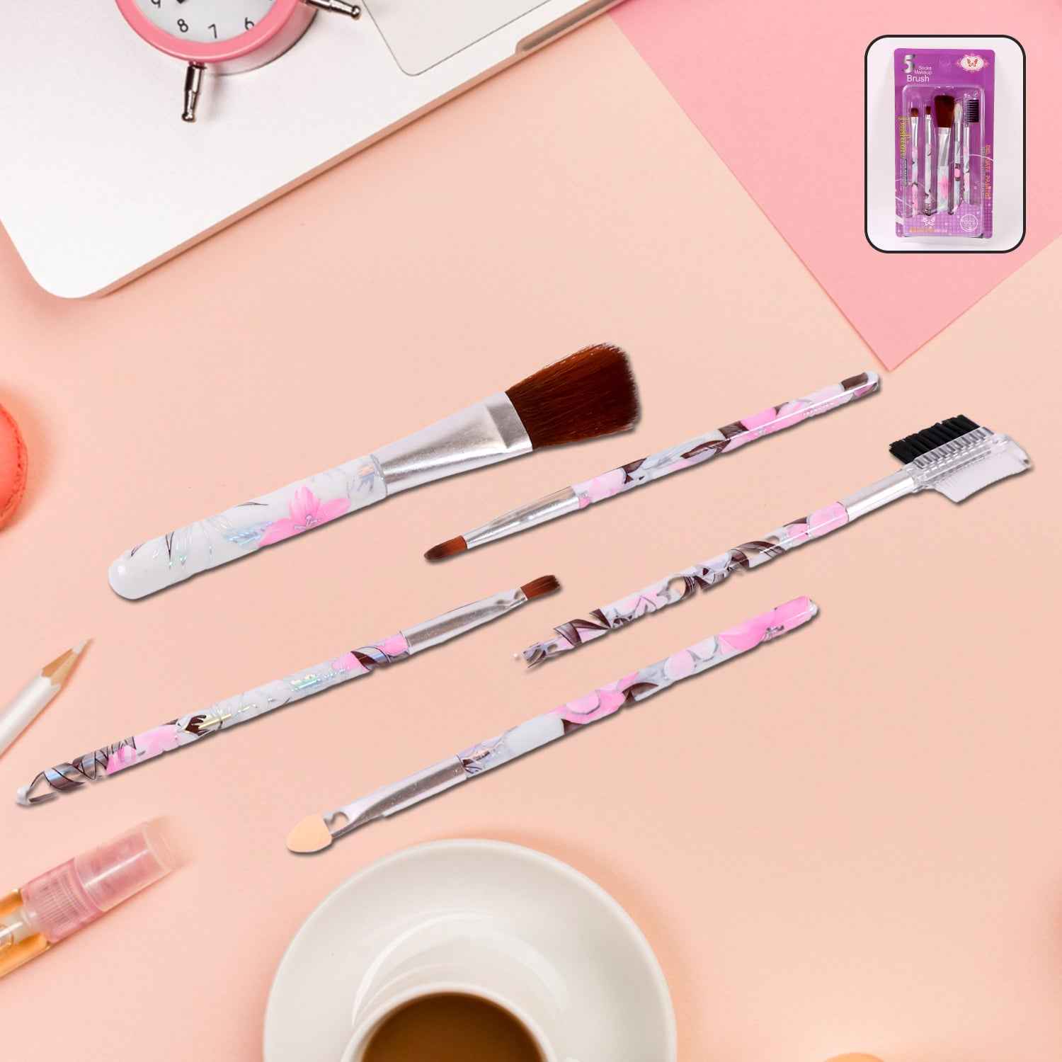 Floral Makeup Brush Set For Eyes Lips And Face (5 Pc)