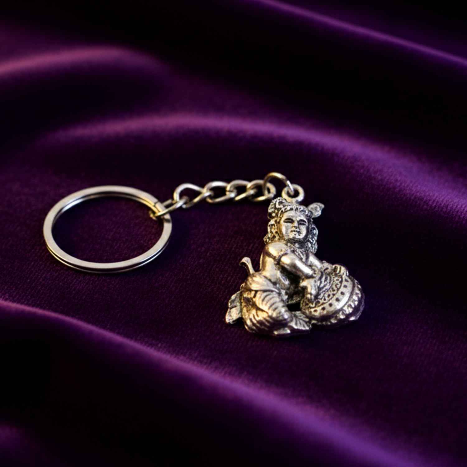 Premium Silver-finish Metal Bal Krishna Eating Makhan Keychain (1 Pc)