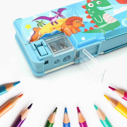 4252 Multipurpose Compass Box Plastic Double Deck Pencil Case With 2 Compartments Supplies Utility Box Storage Organizer Pencil Box For School Cartoon Printed Pencil Case For Kids Birthday Gift For Girls  Boys (1 Pc Mix Design)