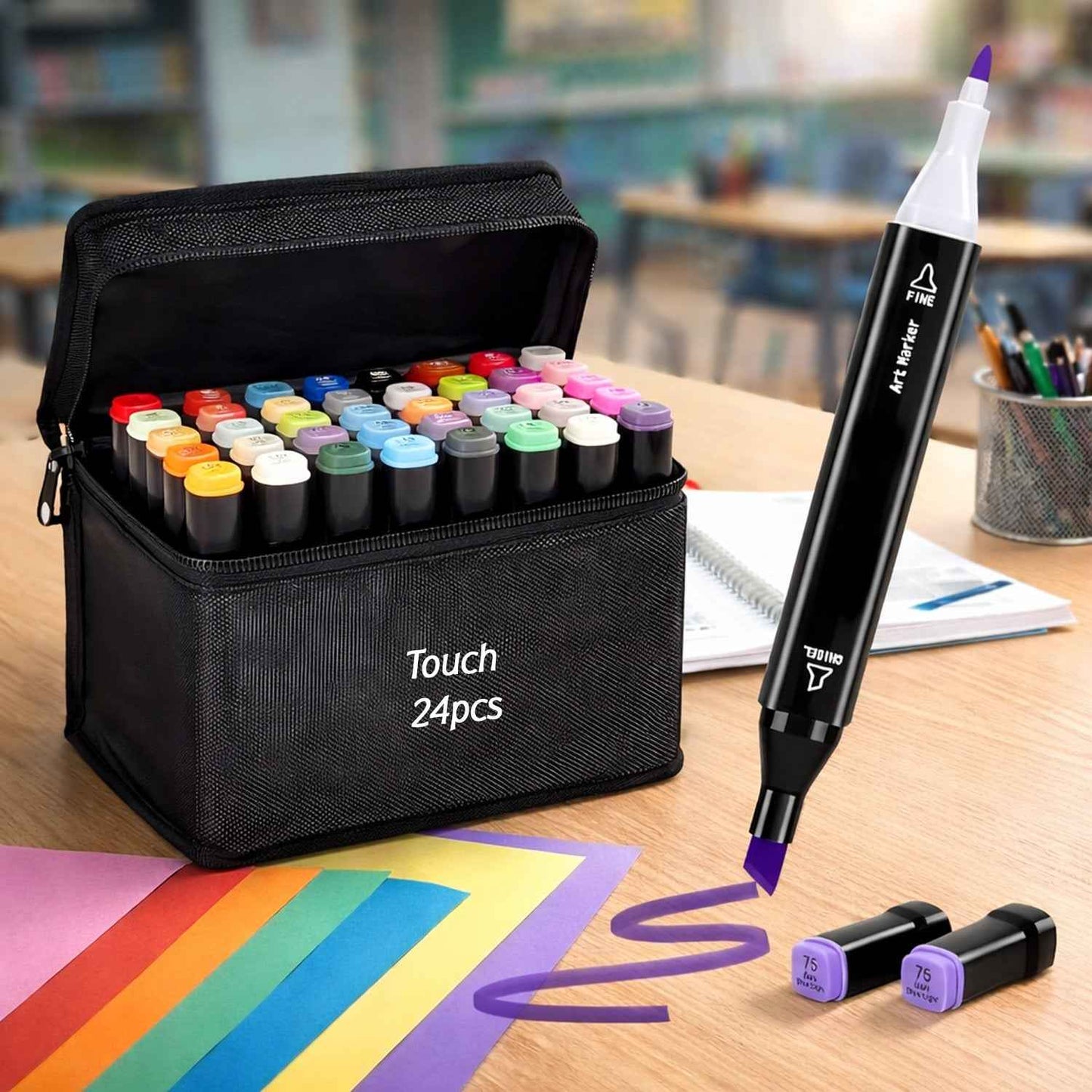 24 Pc Dual Tip Sketch Marker Pen Set With Storage Pouch