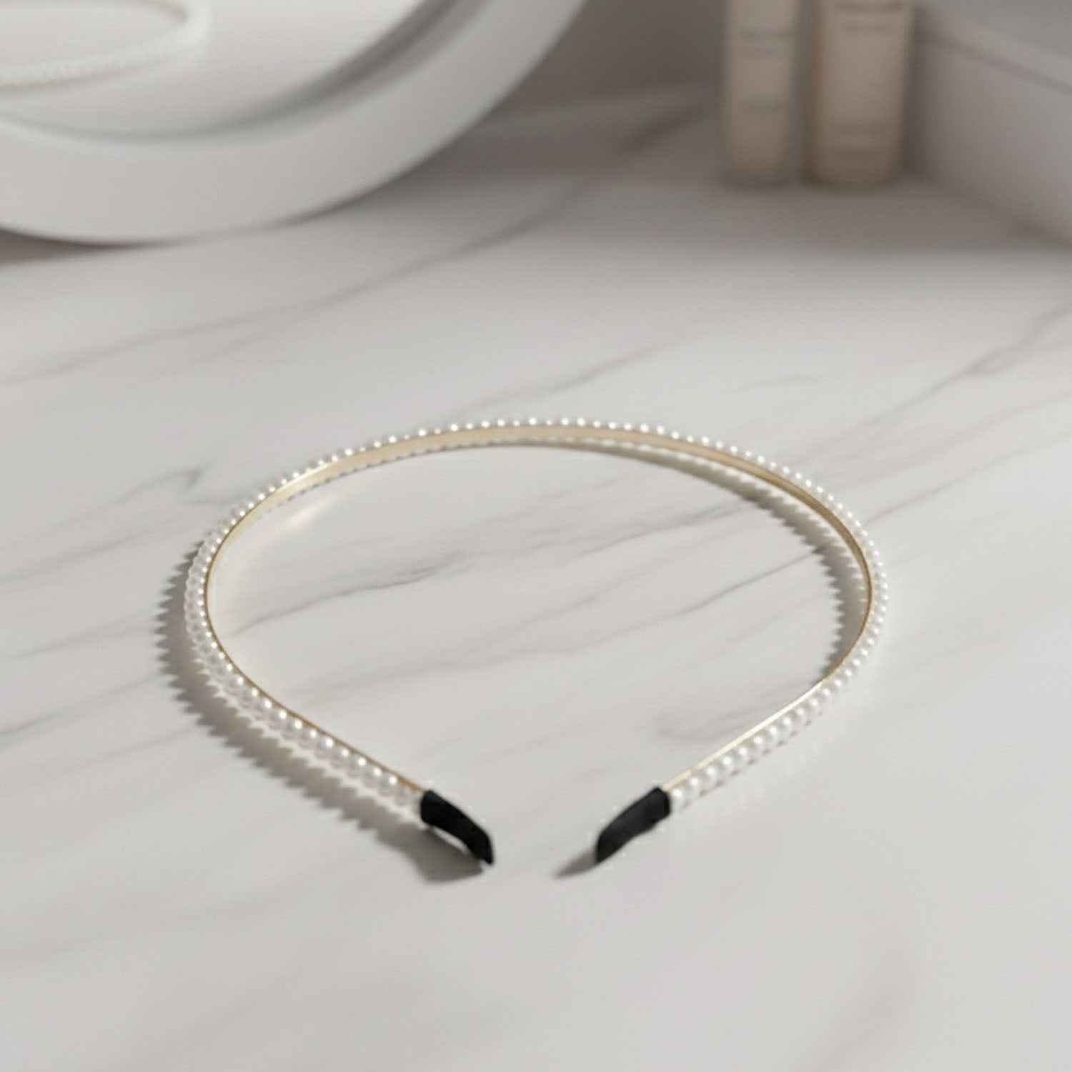Elegant Pearl Beaded Slim Golden Metal Hair Band (1 Pc)