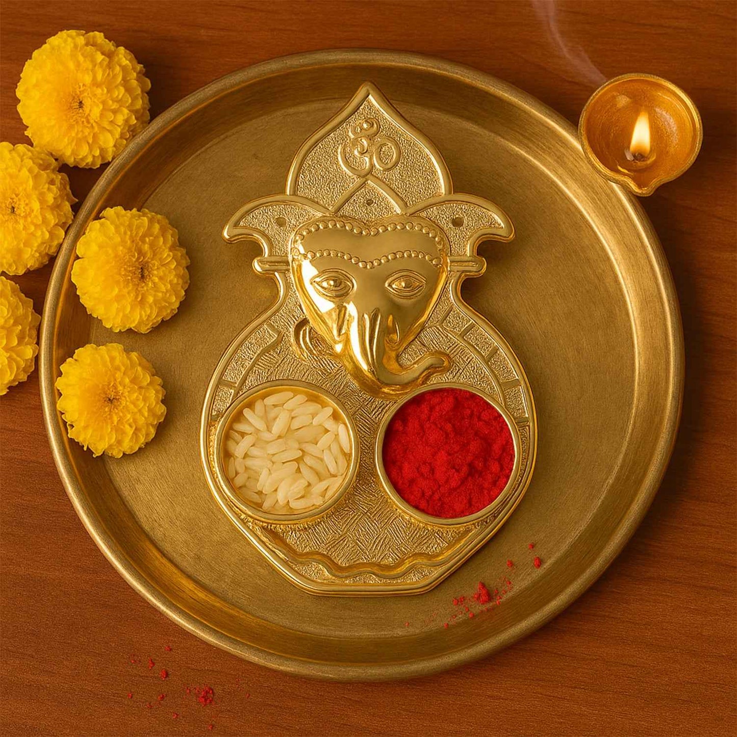 Traditional Golden Lord Ganesha Kumkum Dish  (1 Pc)