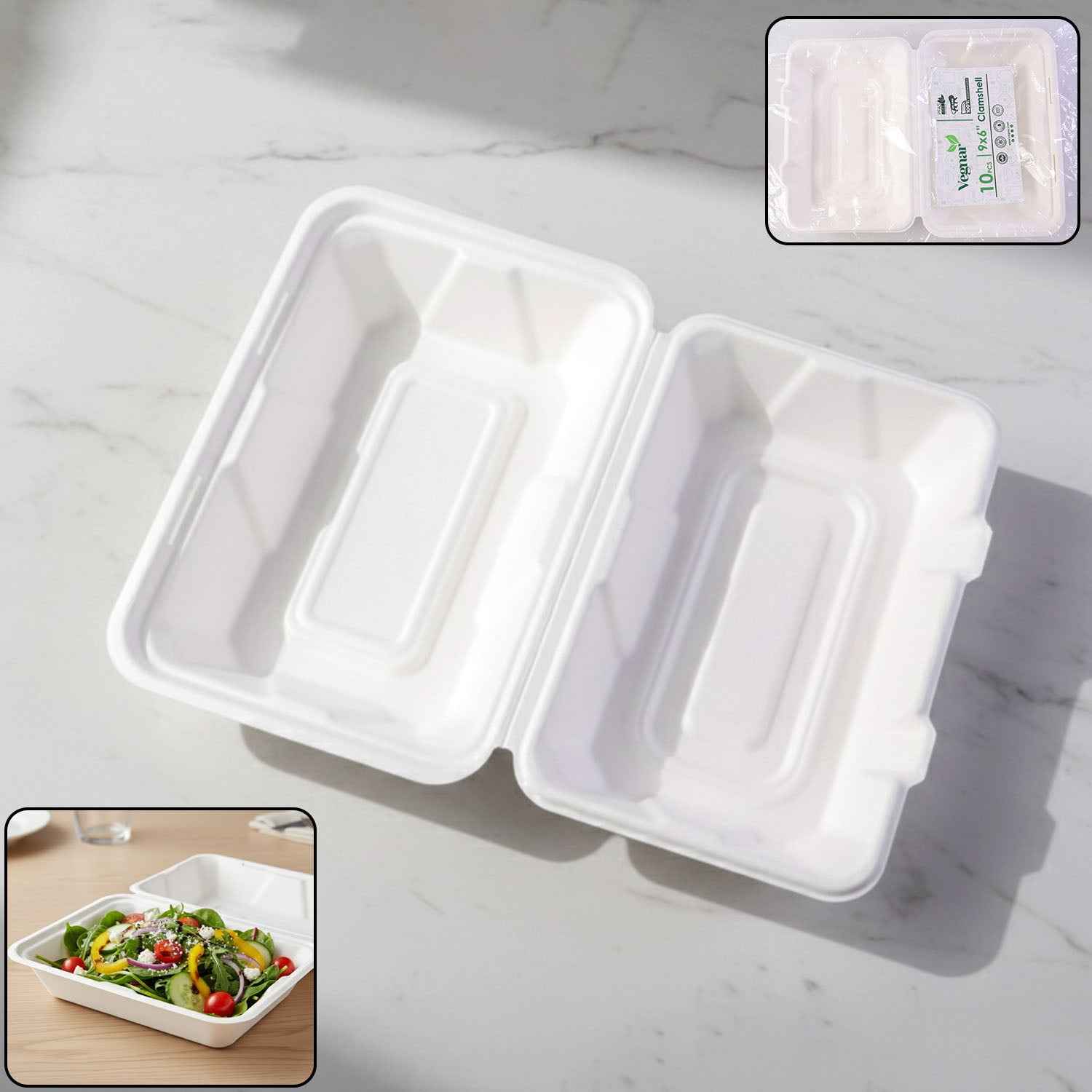 Vegnar Premium Bagasse Clamshell Food Box (10 Pc 9x6 Inch)