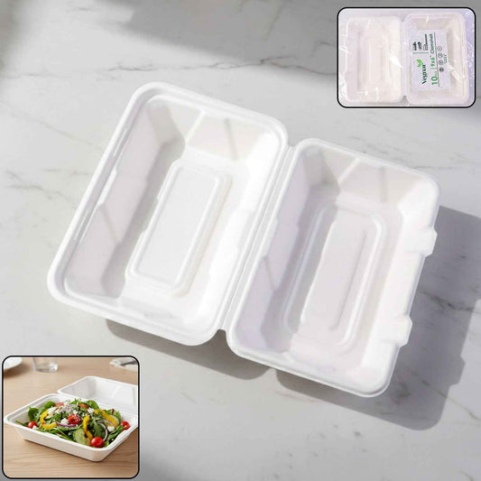 Vegnar Premium Bagasse Clamshell Food Box (10 Pc 9x6 Inch)