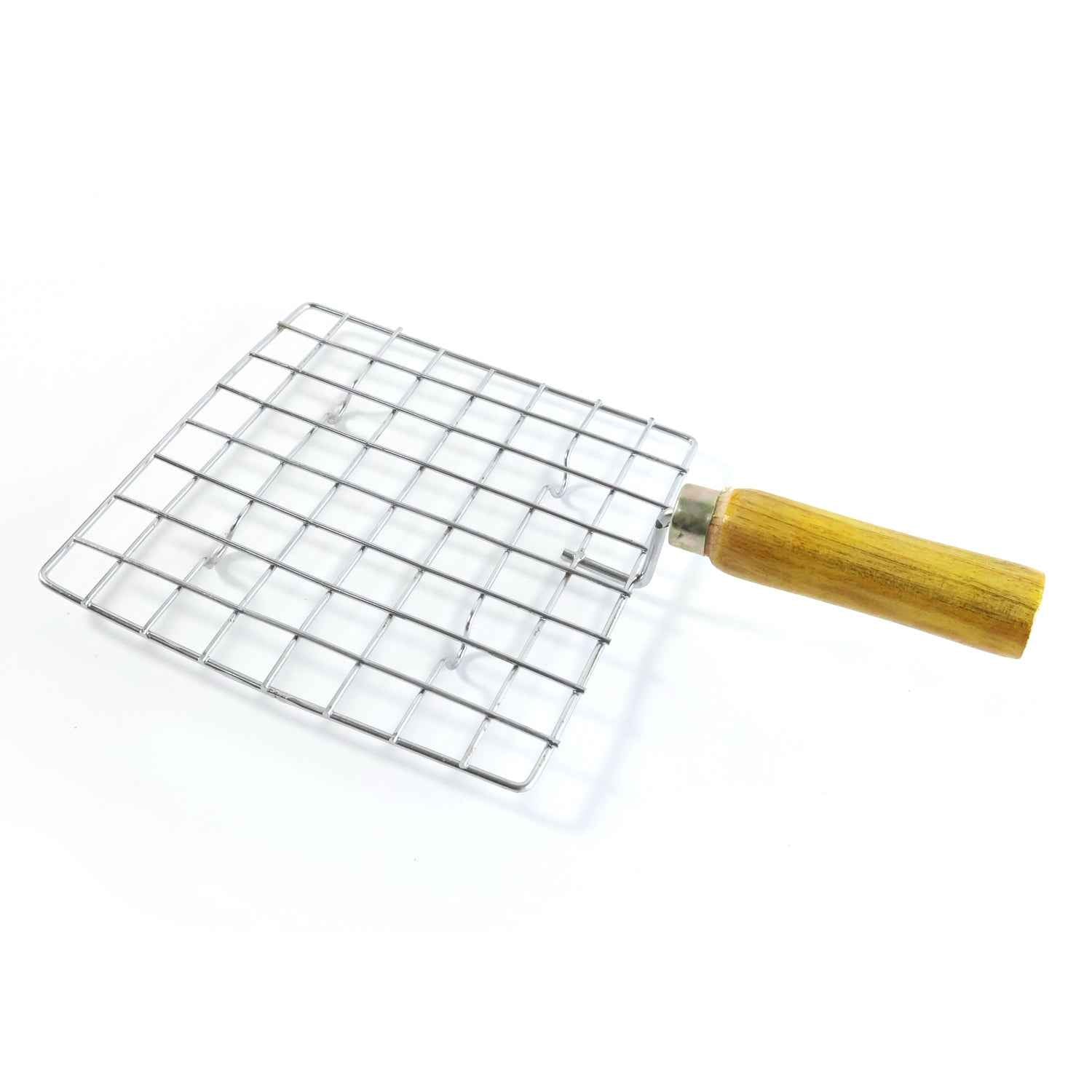 2086 Kitchen Square Stainless Steel Roaster Papad Jali Barbecue Grill With Wooden Handle